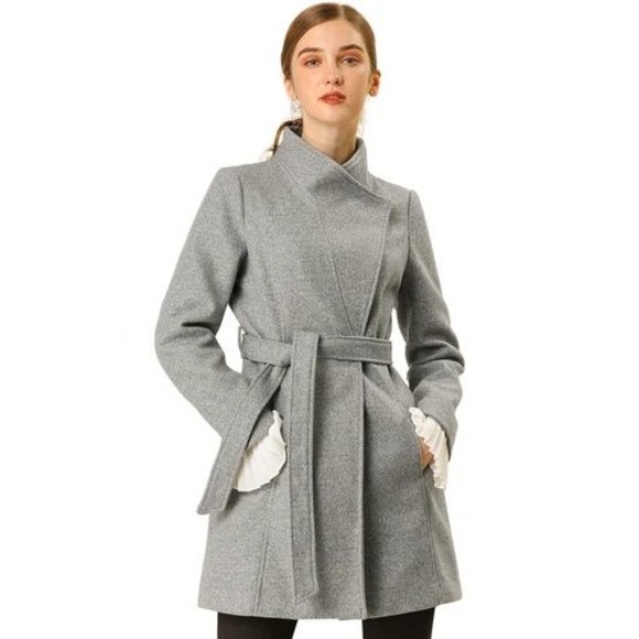 Allegra K Jackets & Blazers - Allegra K Wrap Coat Women XS Gray Belted Overcoat Trench Minimalist Quiet Luxury